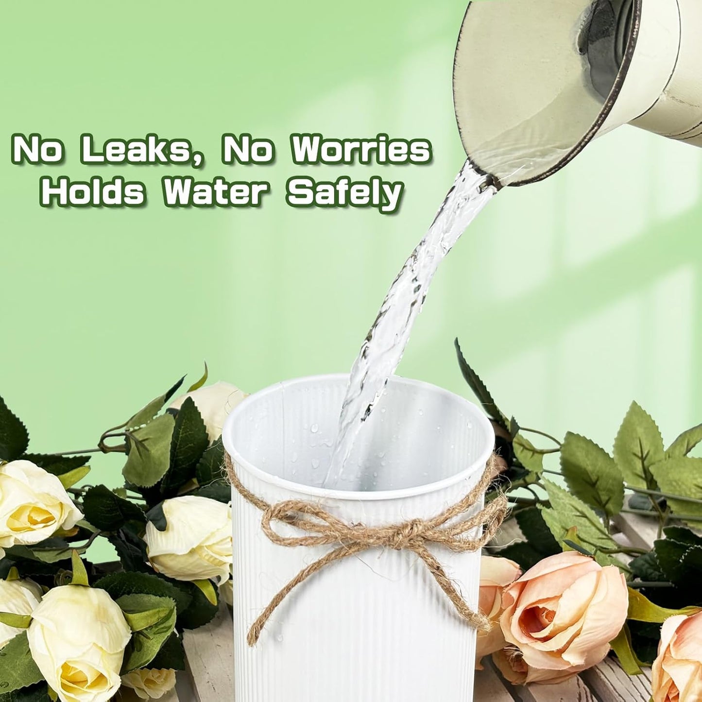 6" High Farmhouse Vases for Centerpiece, Rustic Mason Jars with Twine Bow for Flowers, Vintage Galvanized Metal Vase Tin Bucket for Wedding Home Decor (White, 2Pcs)