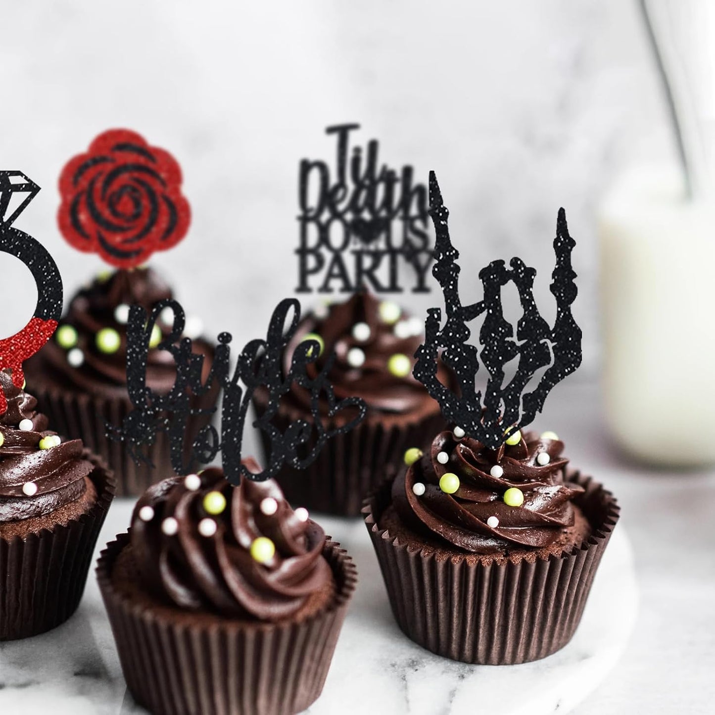 Halloween Bachelorette Cupcake Topper Bride To Be Ring Skeleton Hand Heart Blood Glitter Food Picks Horror Ghost Engagement Party Decoration Red