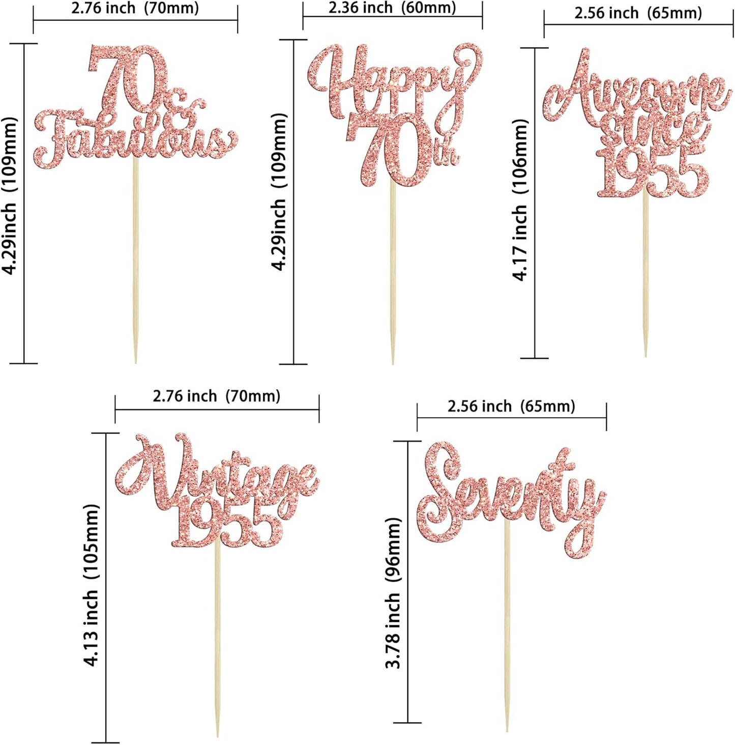30Pcs Vintage 1955 Cupcake Toppers Glitter Seventy 70 Fabulous Happy 70th Birthday Cupcake Picks Cheers to 70 Years for 70th Birthday Anniversary Party Cake Decorations Supplies Rose Gold