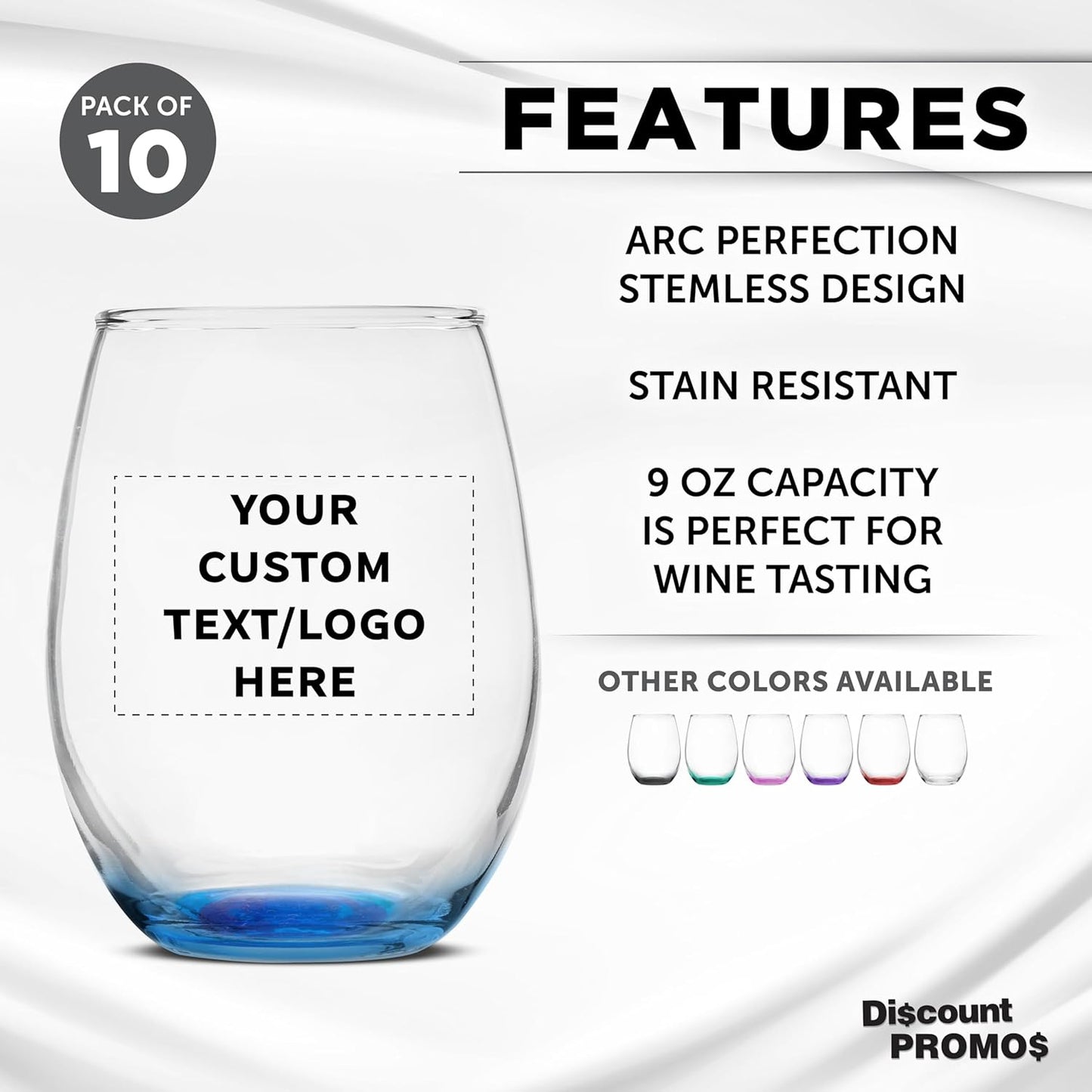 Custom Stemless Wine Glass 9 oz. Set of 10, Personalized Bulk Pack - Great for Wedding Favors, Bachelorette Party Decorations, Party Favors, Color Bottom - Blue