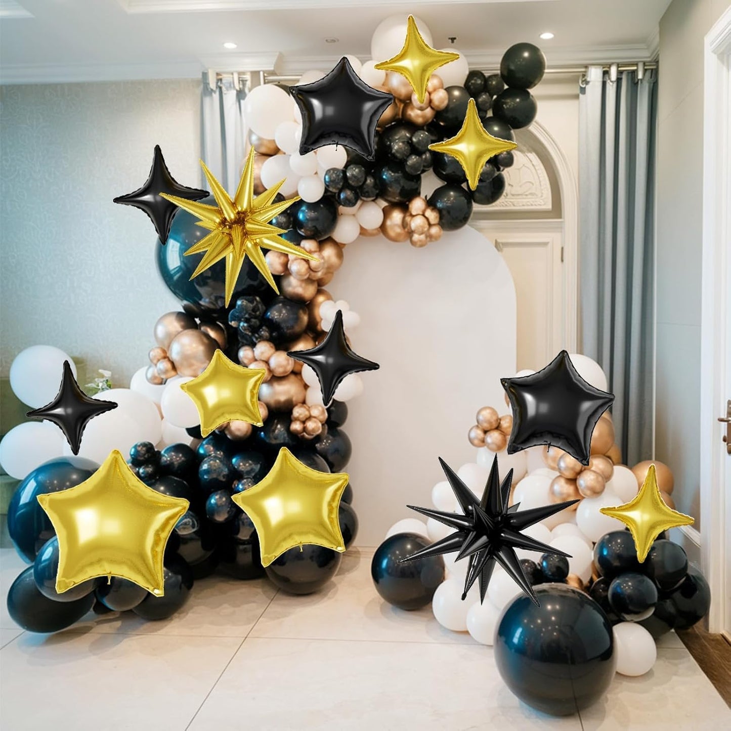 16 Pcs Black Gold Star Balloons, 22/18/10 Inch Foil Balloons, Four-Pointed Balloon for Kids Birthday Anniversary New Year Wedding Baby Shower Party Decorations