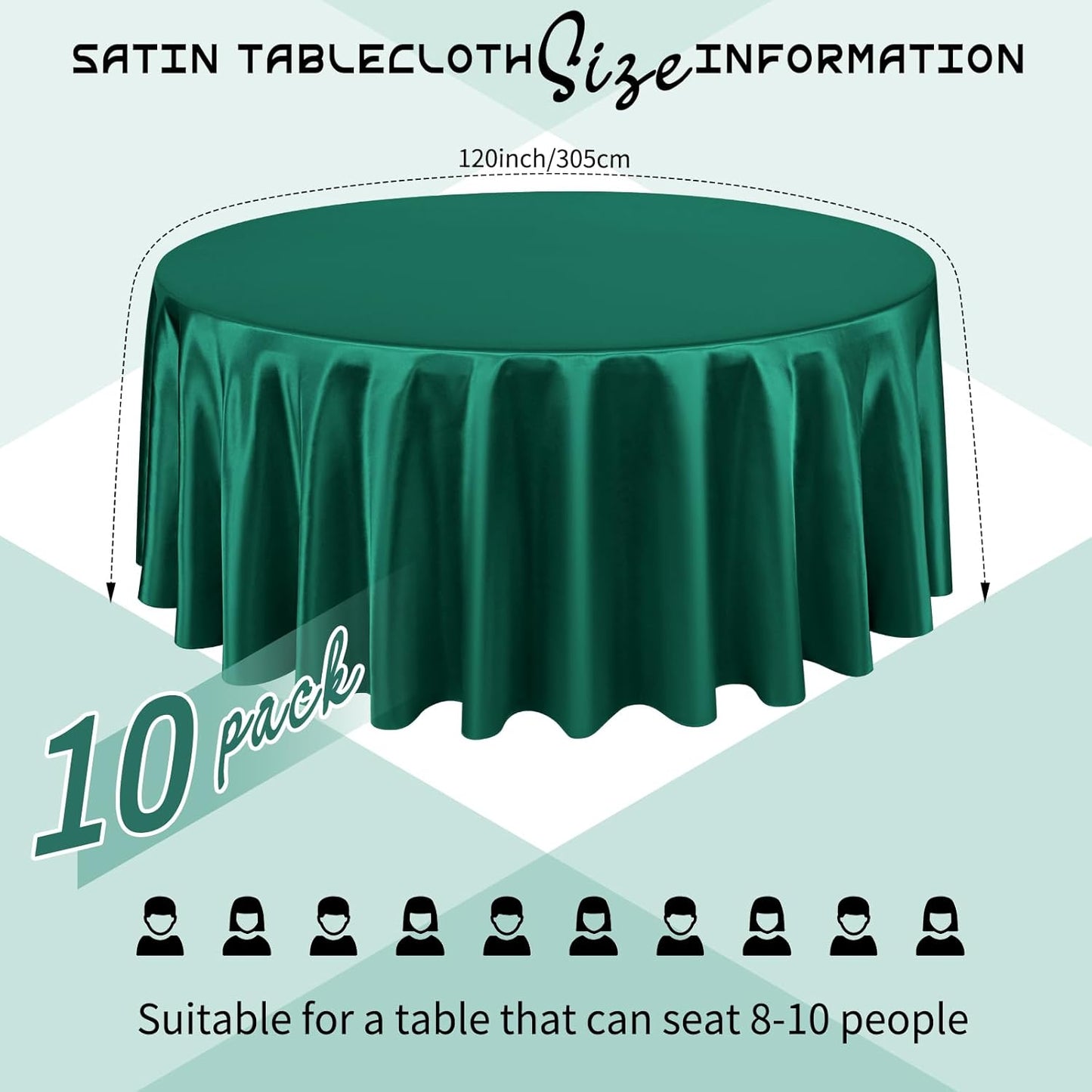 10 Packs Satin Tablecloth 120 Inch Dark Green Round Table Cloth Silk Tablecloth Smooth Fabric Overlay Satin Table Cover Decoration for Wedding Party Banquet Events