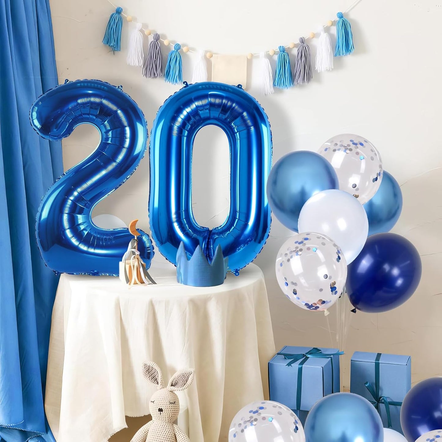 Dark Blue 20" Number 20 Balloon, Metallic Light Navy Blue Silver Confetti Balloon - Self Inflating Helium Foil for Men's 20th Birthday Party Decorations