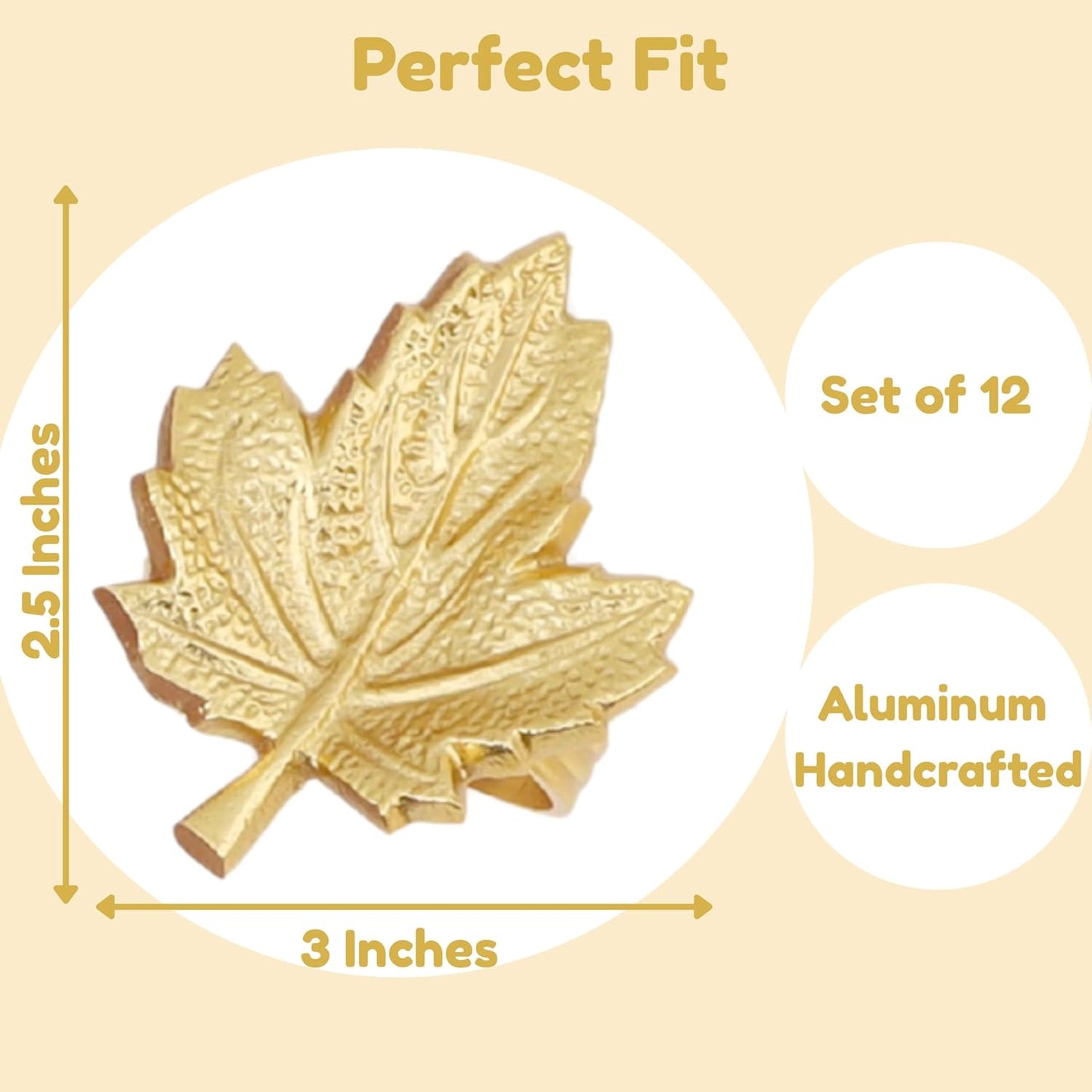 Set of 12 Maple Leaf Napkin Rings - Handcrafted Aluminum Napkin Holders for Cloth & Paper Napkins, Elegant Table Décor for Weddings, Thanksgiving, Christmas & Holiday Parties (Gold) - CLEENTABLE
