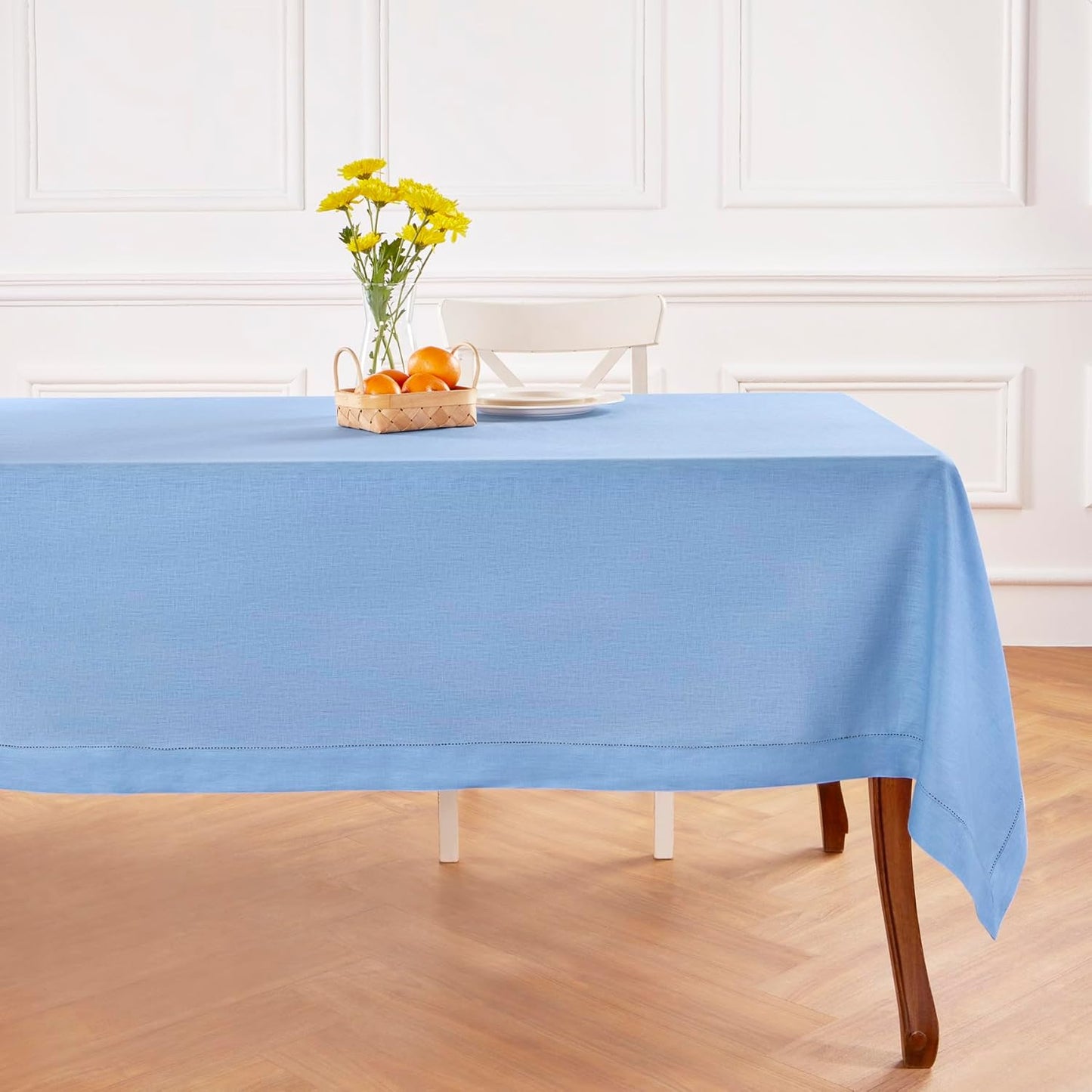 Solino Home Cornflower Blue Linen Tablecloth 60 x 144 Inch - 100% Pure Linen Hemstitch Table Cloth for Rectangle Tables - Classic Hemstitch, Machine Washable Tablecloth
