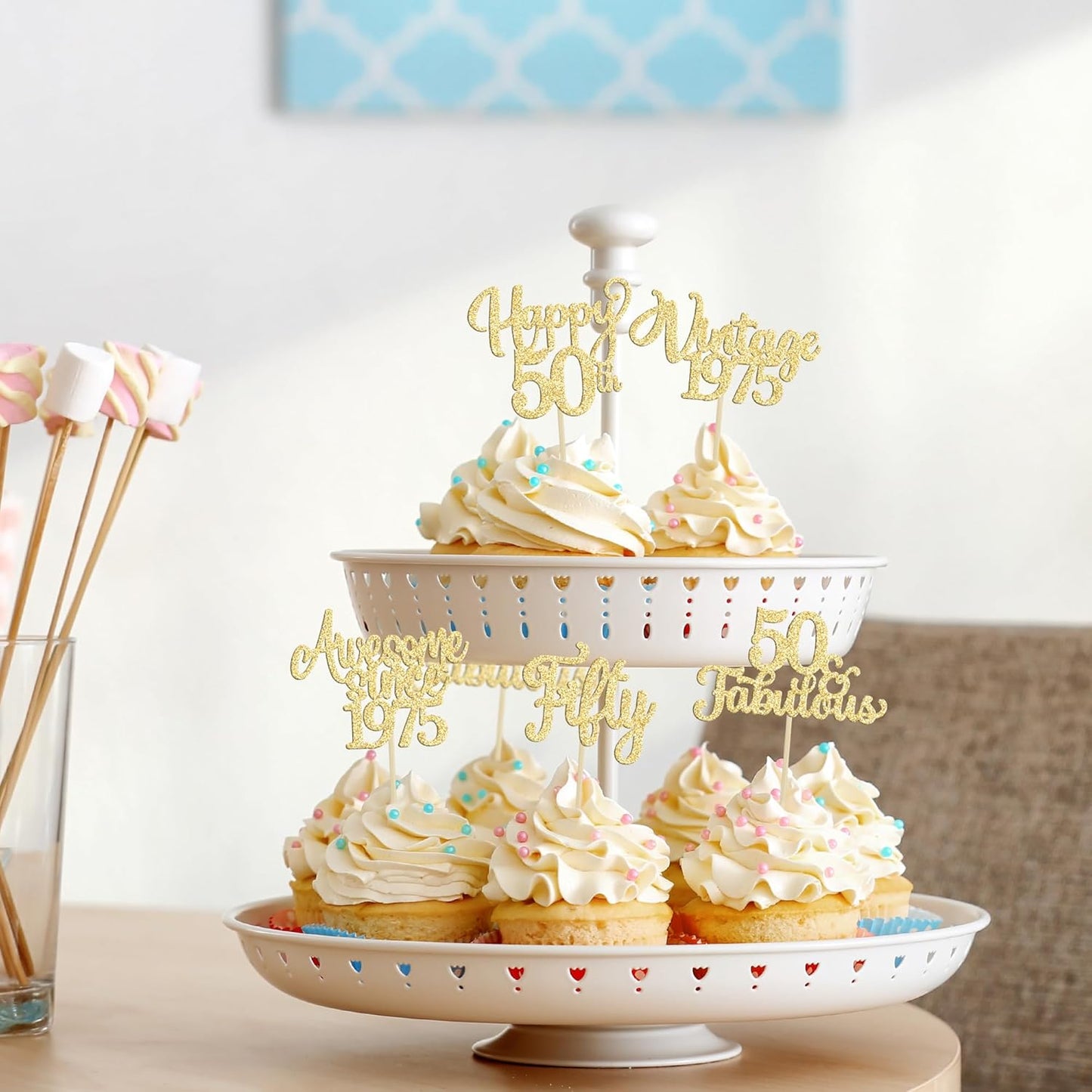30Pcs Vintage 1975 Cupcake Toppers Glitter Fifty Happy 50th Birthday 50 Fabulous Cupcake Picks Cheers to 50 Years for 50th Birthday Wedding Anniversary Party Cake Decorations Supplies Gold