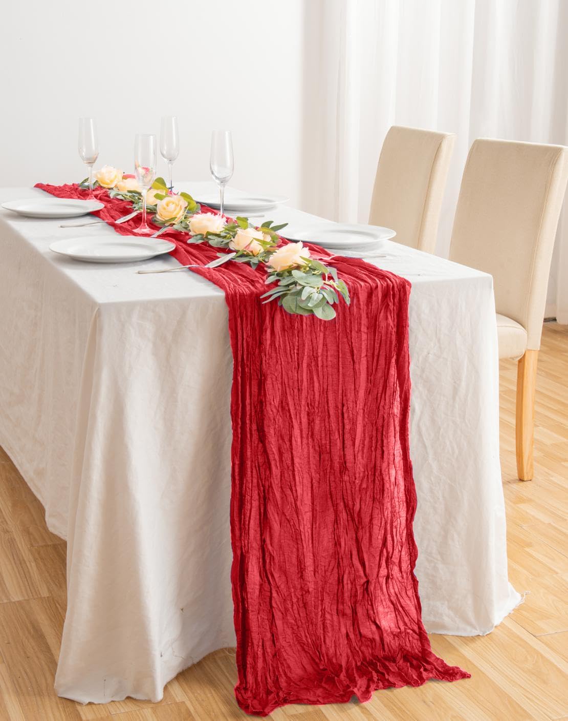 12 Pack Red 10 Ft Cheesecloth Table Runner 20x120 Inch Boho Wrinkled Sheer Romantic Gauze Decor for Wedding, Bridal Shower, Birthday Party