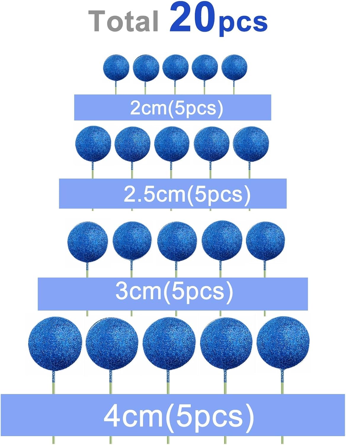 ASTARON 20 Pcs Ball Cake Topper Decorations Mini Cake Balloons Sticks Blue Glitter Cake Topper Balls for Graduation Wedding Birthday Cake Decorations