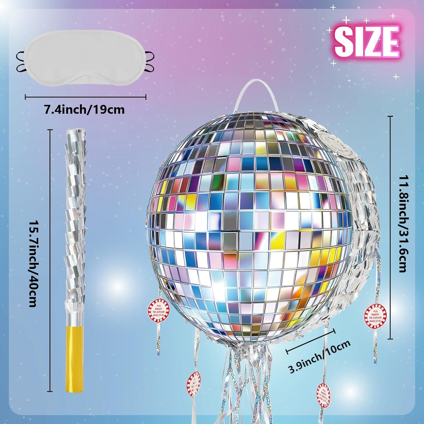 WERNNSAI Disco Ball Piñata - Disco Party Decoration Pull String Mirror Piñata with Bat and Blindfold for Adult Birthday Party Supplies