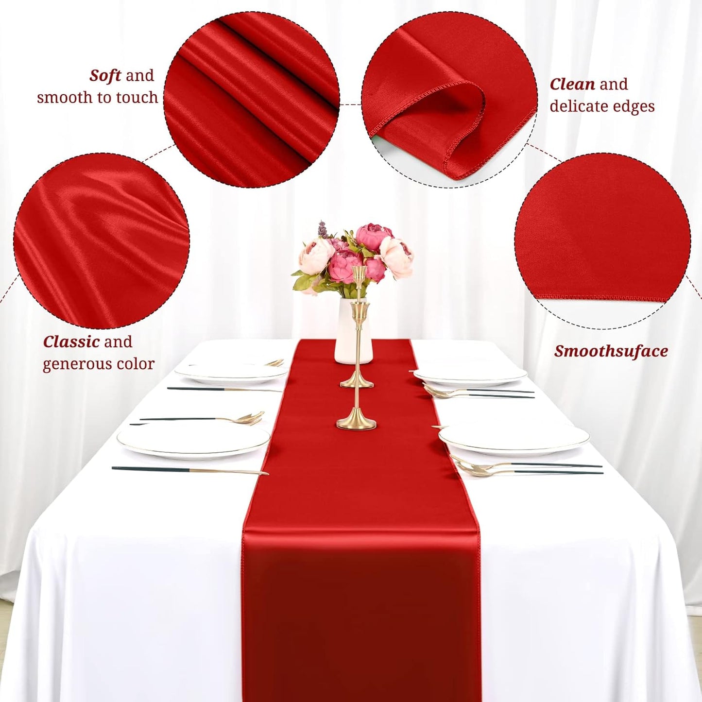 12 Pack Red Satin Table Runner,12 x 108 inch Long Premium Smooth Table Runner for Wedding, Banquets, Birthday, Party, Graduation, Engagements,Table Runners fit Rectangle and Round Table