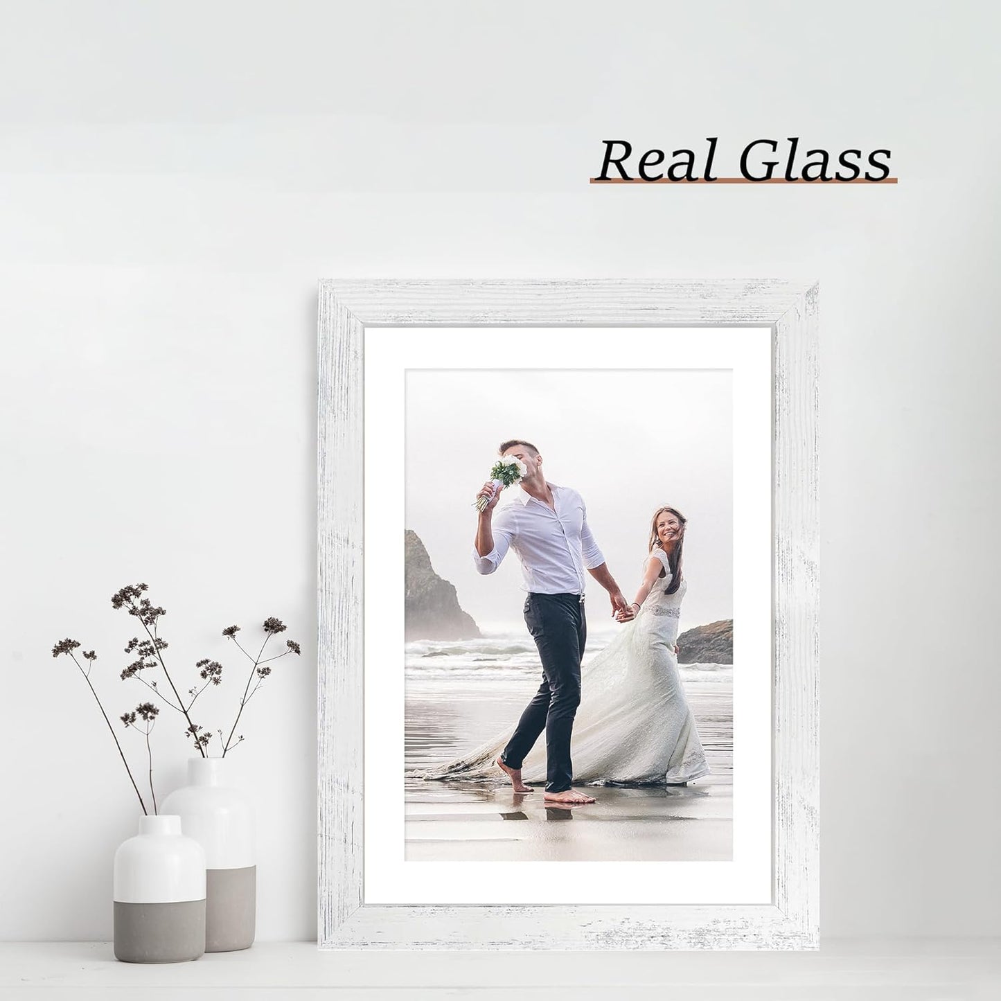 10x14 Picture Frame Set of 4 with Tempered Glass, Distressed White Frame Display 8x12 Picture with Mat or 10 x 14 Without Mat, Wood Rustic Photo Frames for Horizontal or Vertical Wall Mounting