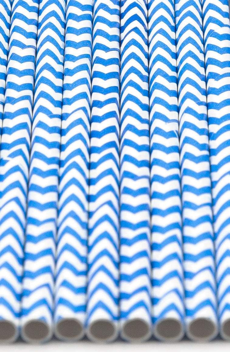 Pack of 900 Sky Blue Chevron Biodegradable 4-Ply Paper Drinking Straws (Compostable, Non-toxic, BPA-free)