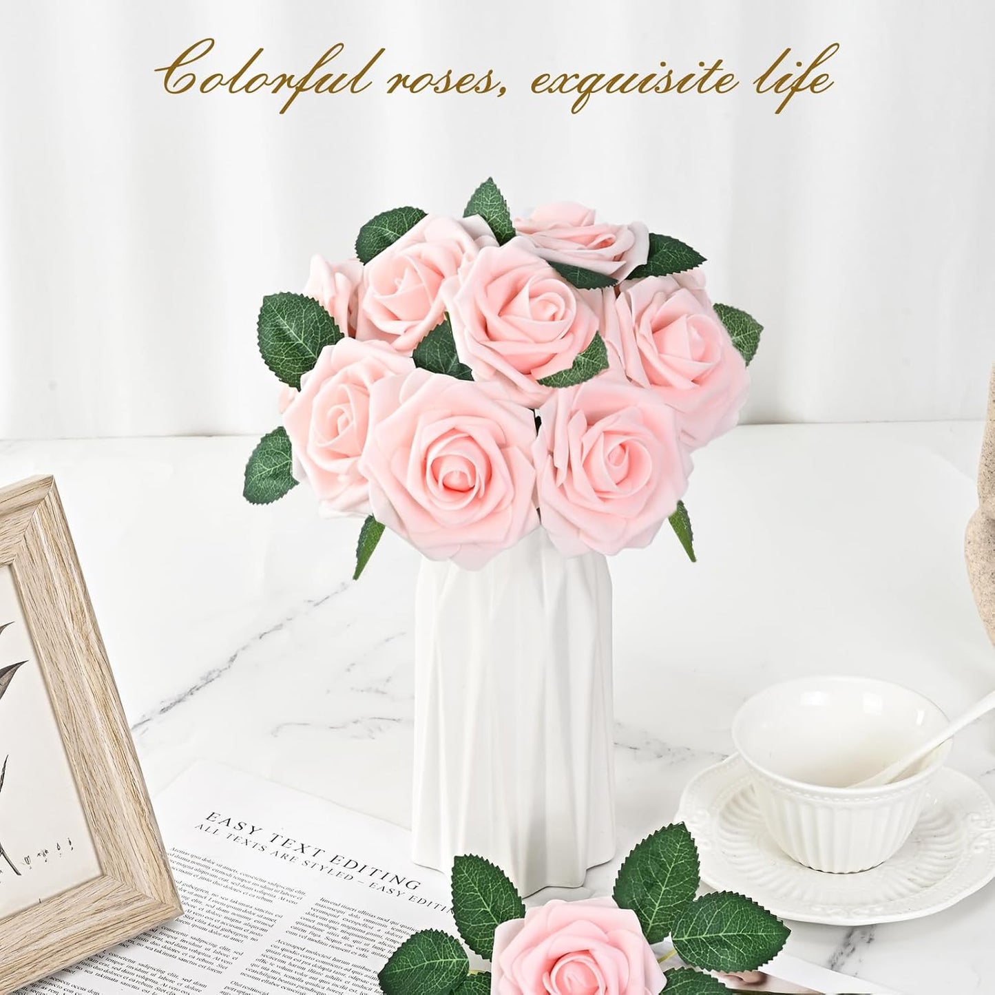BLEUM CADE 36Pcs Artificial Flowers Fake Roses with Stems, Pink Boxed Foam Roses for DIY Bouquets Centerpieces Wedding Party Arrangement Bridal Shower Decor