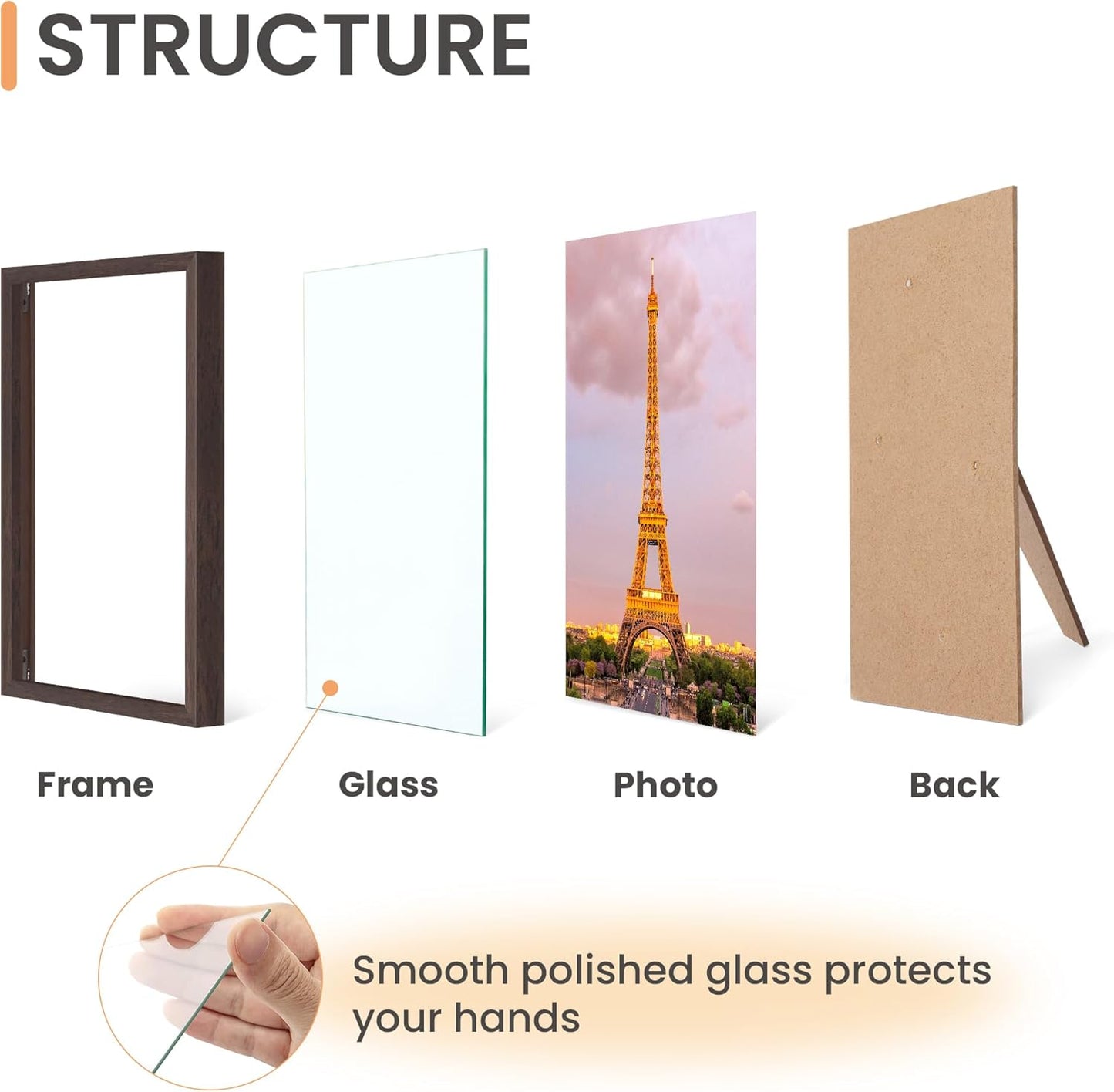 upsimples 5x7 Picture Frame Set of 3, Made of High Definition Glass for 5 x 7, Wall and Tabletop Display Thin Border Photo Frames for Home Decor, Brown