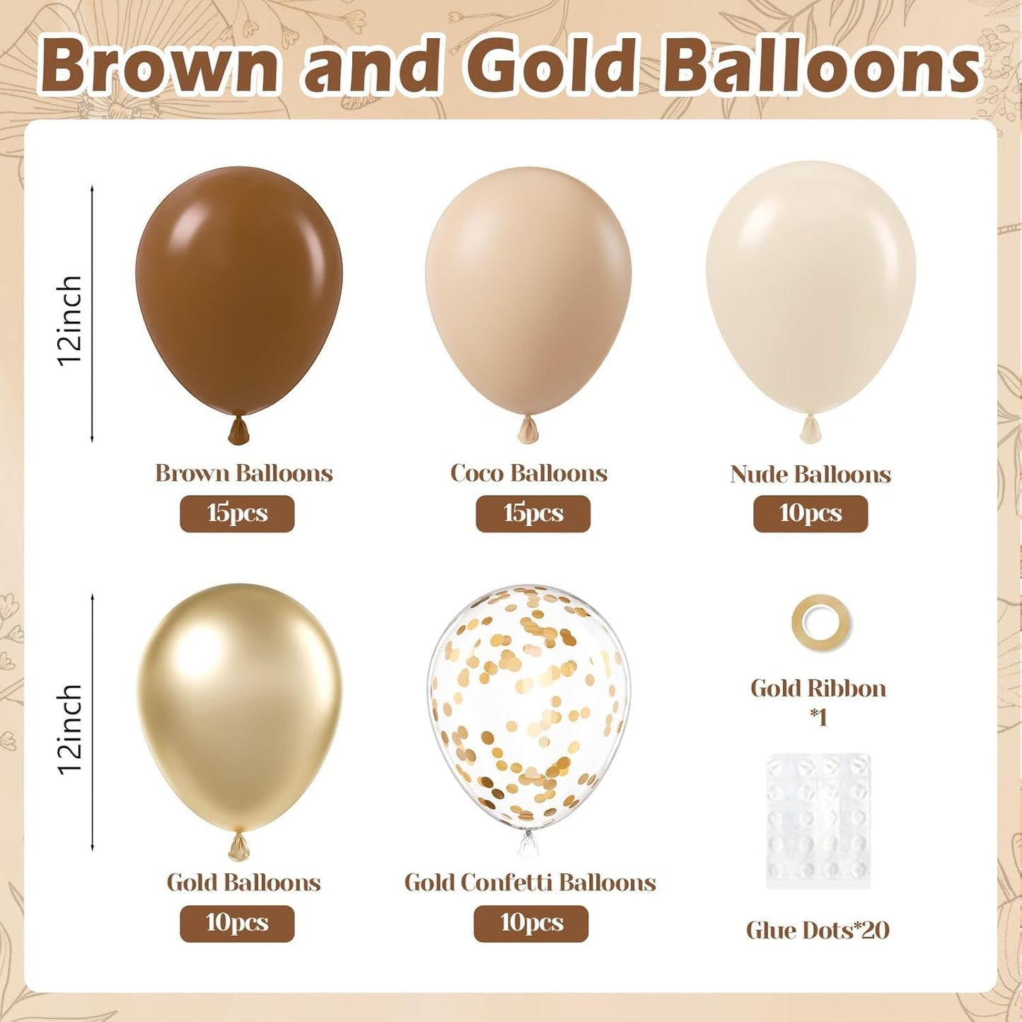60pcs Brown and Gold Balloons for Neutral Bridal Shower, Birthday, Baby Shower Party Decorations - Light Sand White Confetti Balloons