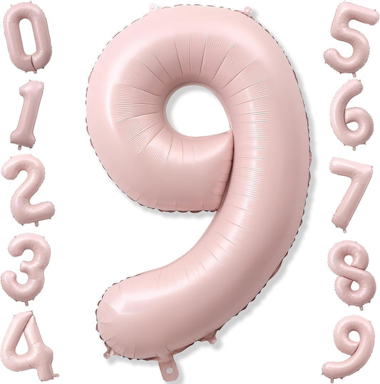 40'' Pink Number Balloon 9, Self Inflating Retro Dusty Pink Foil Number Balloons Set 0-9, Self Inflating Digital 9 Helium Balloon for Girls 9th Birthday Women Anniversary Party Decorations Supplies