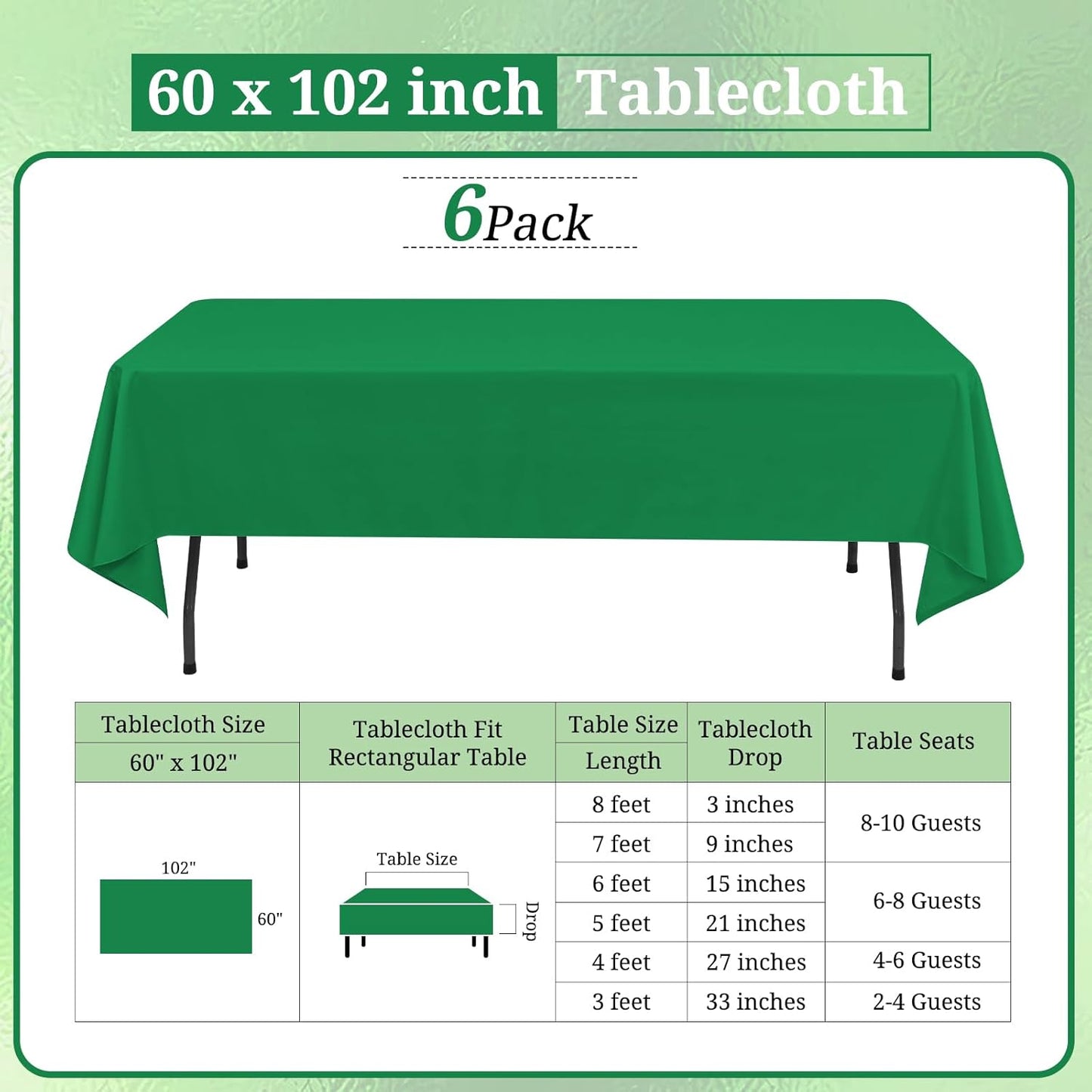 6 Pack Green Tablecloths for 6ft Rectangle Tables 60 x 102 Inch - Polyester Table Cover Stain and Wrinkle Resistant Washable Fabric Table Clothes for Wedding Party Banquet Reception Restaurant