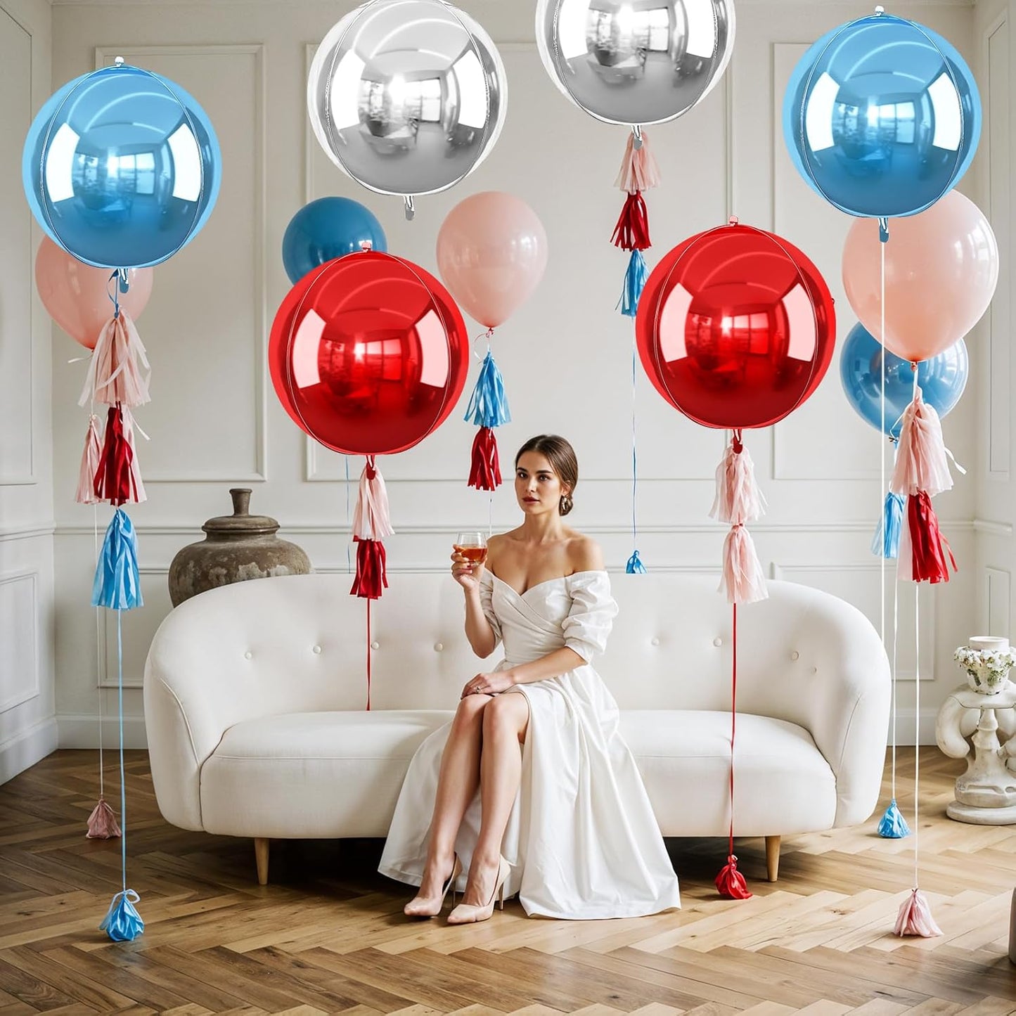 6Pcs Red Blue Silver Round Foil Balloons, 22inch 4D Metallic Balloons, Large Round Foil Ball Balloon for Birthday Graduation 4th of July, Independence Day USA Patriotic Party Decoration