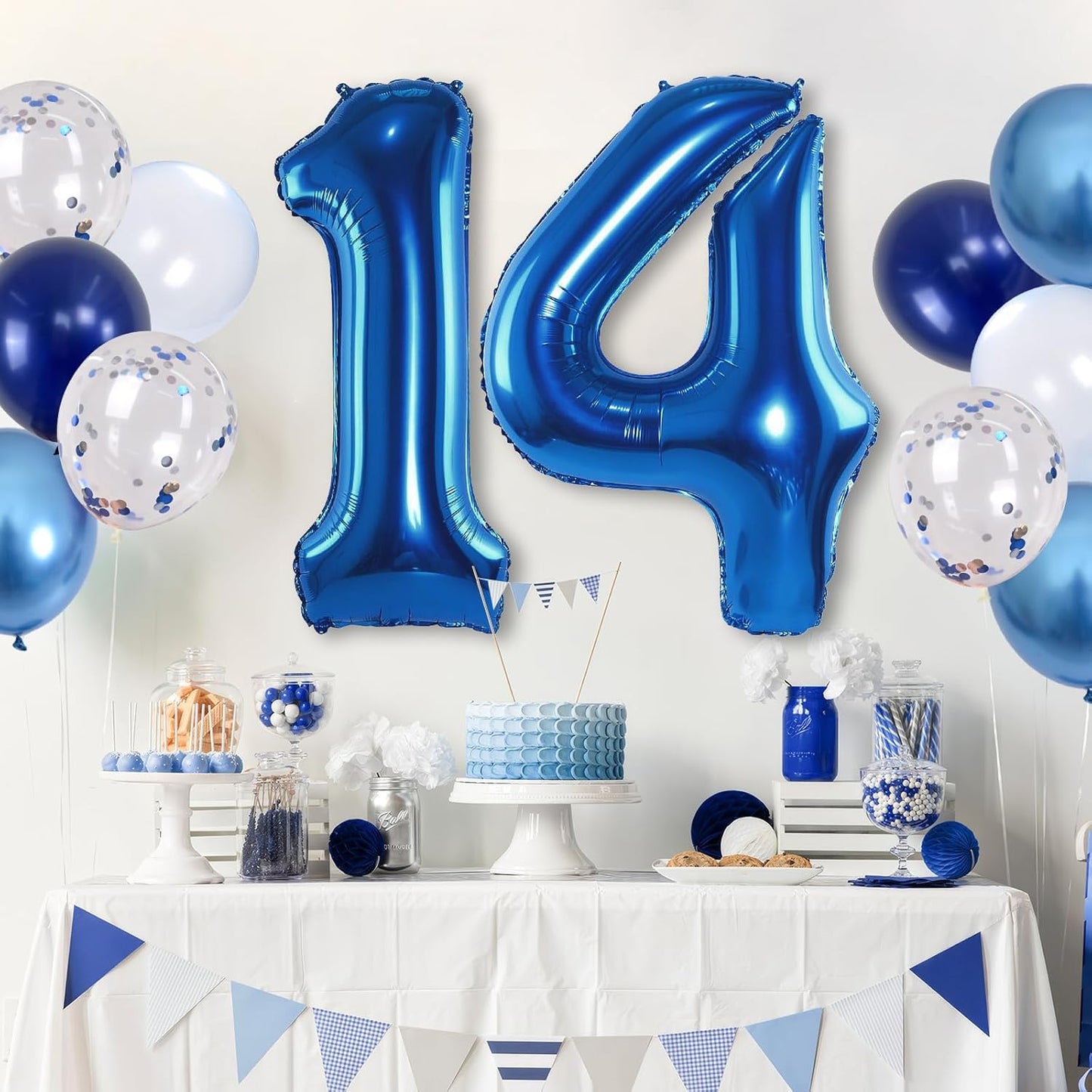 Large Foil Number 14 Balloons, Big Light Navy Blue 14 Helium Balloon with Metallic Silver Confetti Balloon for Boy 14th Birthday Party Decor, Mylar Self Inflating 14 Balloon for Graduation Decorations