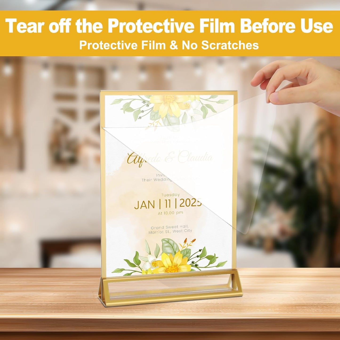 EHWINE 12 Pack Acrylic Sign Holder 5.5 x 8.5, Double Sided Gold Picture Frame Stand up Table Top Sign Holders, Clear Display Stand Menu Flyer Holder for Wedding Party