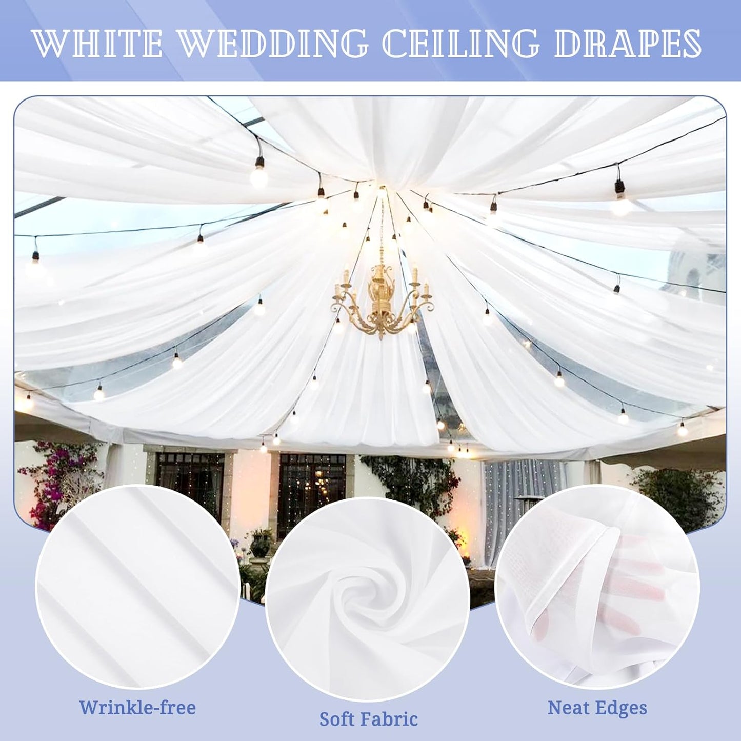 4 Panels White Ceiling Drapes for Wedding 5ftx20ft Chiffon Fabric Arch Draping Curtains for Party Ceremony Birthday Baby Shower Reception Stage Ceiling Decorations