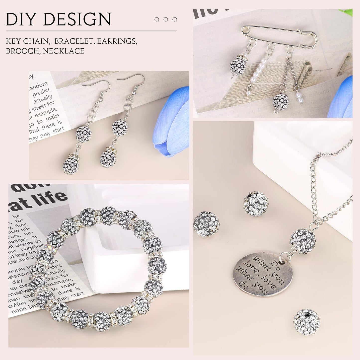 150pcs 10mm Rhinestone Beads for Jewelry Making, Black White Shiny Round Shamballa Disco Ball Beads, Sparkle Crystal Clay Christmas for Bracelet Baseball Necklace Earring Crafting and DIY