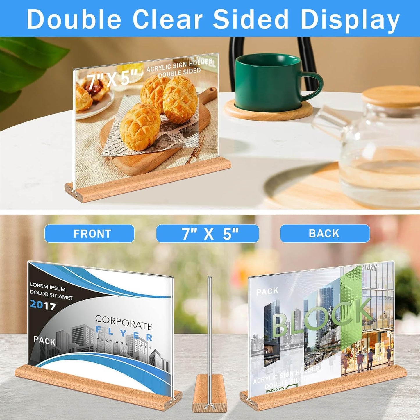 Kersally Acrylic Sign Holder 7 x 5'', 4 Pack Double-Sided Clear Table Display Stands with Wood Base,Horizontal Acrylic Frame Menu Flyer Paper Holder for Store, Restaurant, Hotel, Office, Show Fair