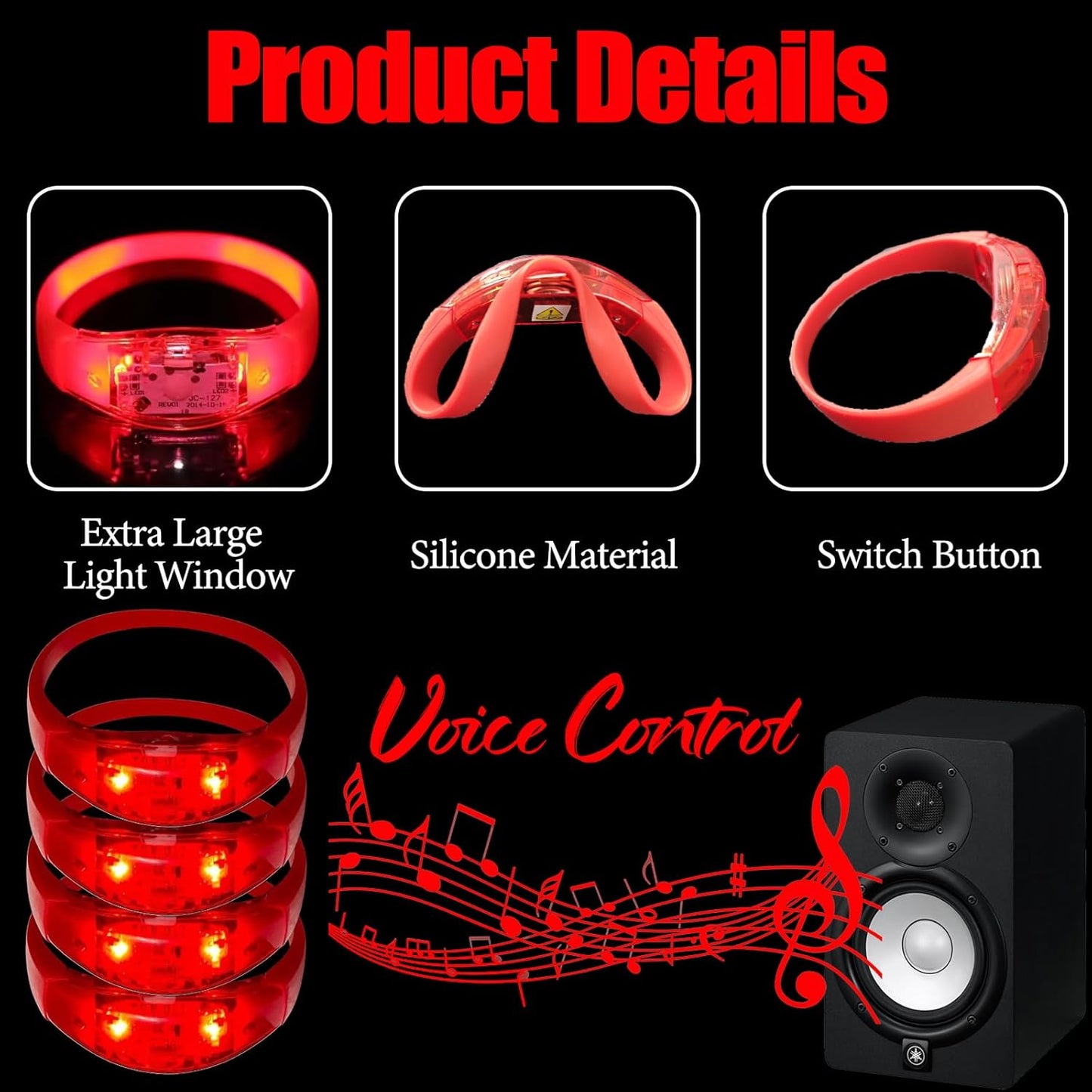 100 Pcs LED Bracelets Sound Activated with Flashing LED Strobe Music Control Light Up Bracelets for Rave, Game Prizes, Birthday Party Favor,Valentine's Day gift