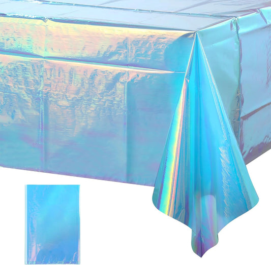 FunnyPars 1 Pack Iridescent Blue Plastic Tablecloth,Shiny Blue Disposable Laser Rectangle Table Covers,Blue Holographic Foil Tablecloth Party Decorations for Birthday,40x108''