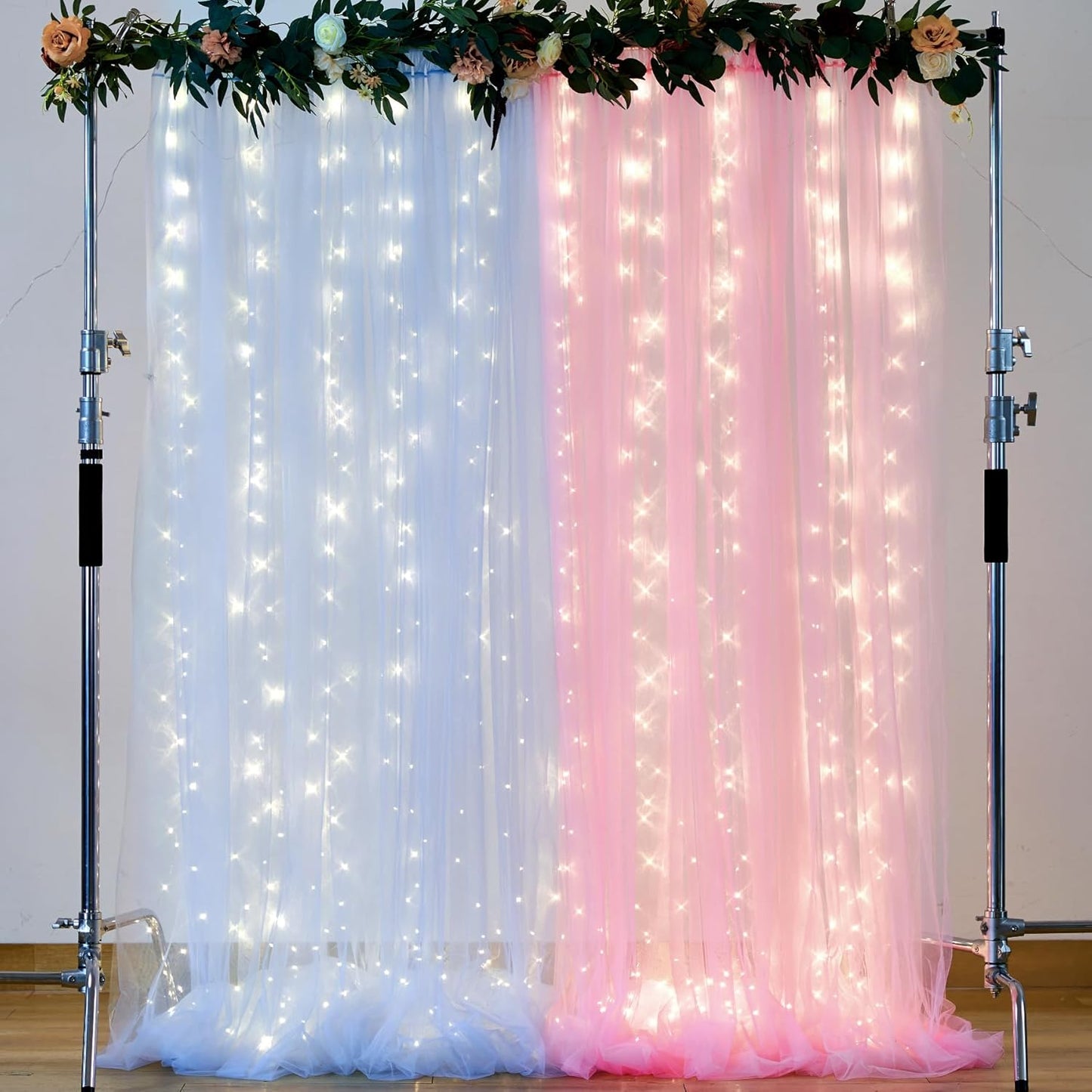 Pink and Blue Backdrop Curtains with Lights String for Baby Shower Sheer Tulle Backdrop Curtain for Gender Reveal Birthday Party Bridal Shower Photo Shoot Background Decorations 2 Panels 5×10ft