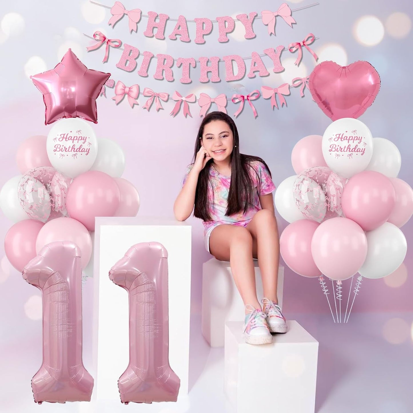 11th Birthday Decorations for Girls Pink Number 11 Balloon Bow Coquette Happy Birthday Banner Fringe Curtain Paper Pom Poms Star Heart Foil Pink White Balloons 11 Year Old Party Decor