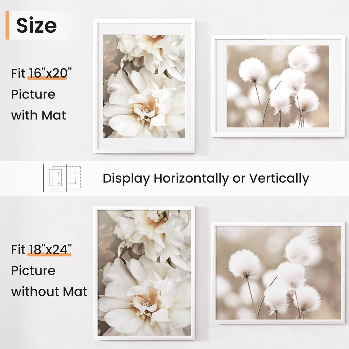 18x24 inch Picture Frame, 18x24 Photo Frames with 16x20 Removable Mat - High Definition Plexiglass - Vertical and Horizontal Display - Wall Hanging Poster Frame - White, 5 Pack