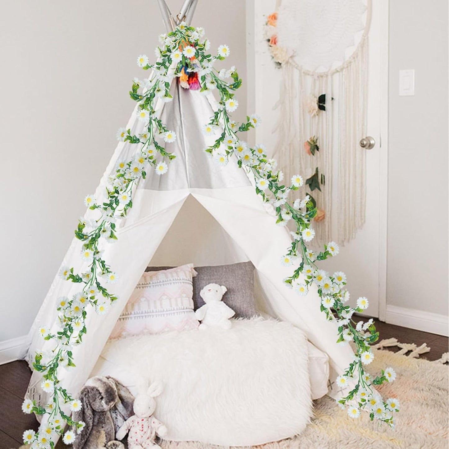 2 Pack White Flower Garland Artificial Daisy Silk Wildflower Hanging Flowers Fake Floral Vines Garland for Table Decoration Backdrop Wall Home Party Wedding Indoor Outdoor DIY Cemetery Decor