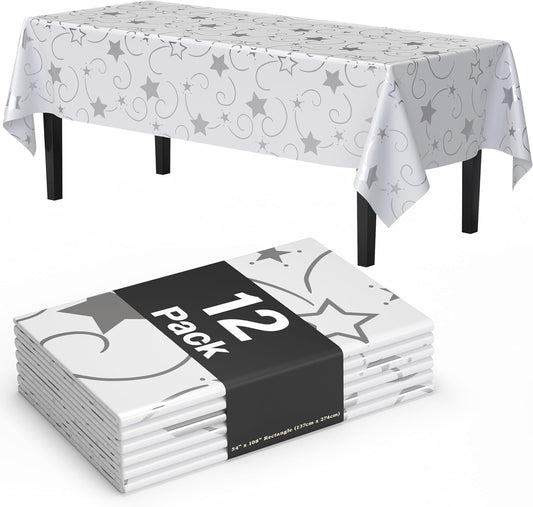 Exquisite Silver Star Tablecloth Plastic 12-Pack Disposable Rectangle Tablecloths 54" x 108" Silver Star Table Cloths Rectangle Table Covers Plastic Tablecloth for Party Decorations