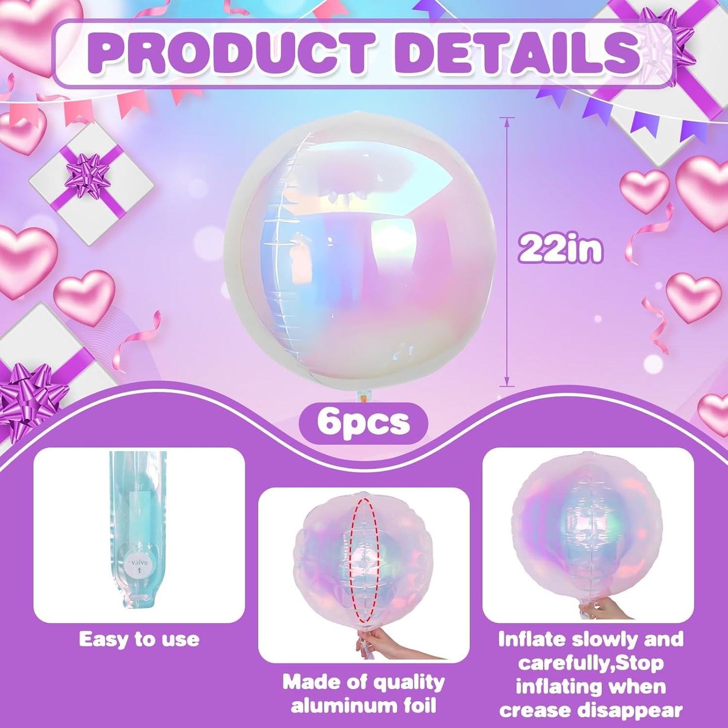 6Pcs Iridescent Round Foil Balloons,Giant 4D Clear Round Ball Balloon,22 Inch Rainbow Balloons for Birthday Wedding Prom Party Decorations