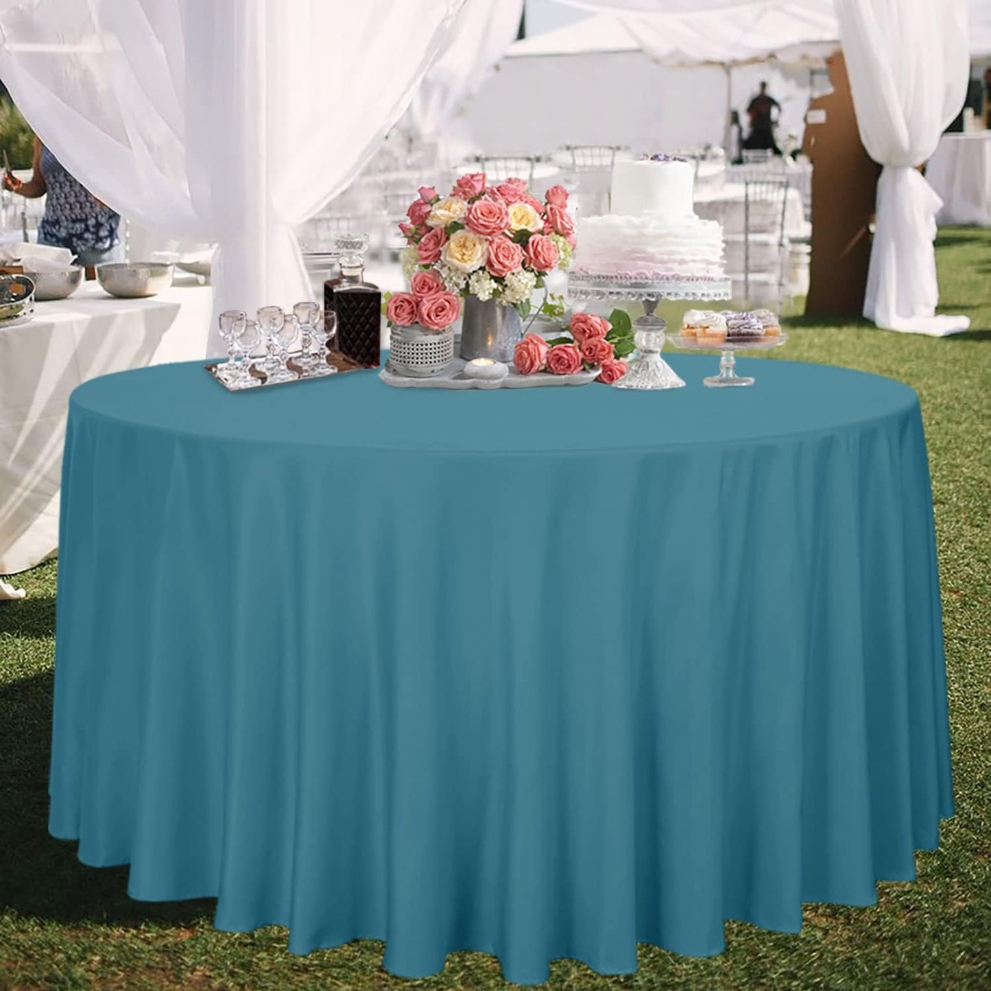sancua Round Tablecloth - 108 Inch - Water Resistant Spill Proof Washable Polyester Table Cloth Decorative Fabric Table Cover for Dining Tables, Buffet Parties and Camping, Teal