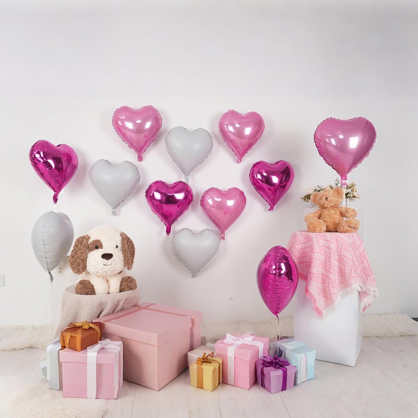 Hot Pink White Heart Balloons,12Pcs 18 Inch Light Pink Helium Foil Love Heart Shaped Balloons for Bridal Wedding Engagement Party Anniversary Birthday Baby Shower Valentines Day Decorations