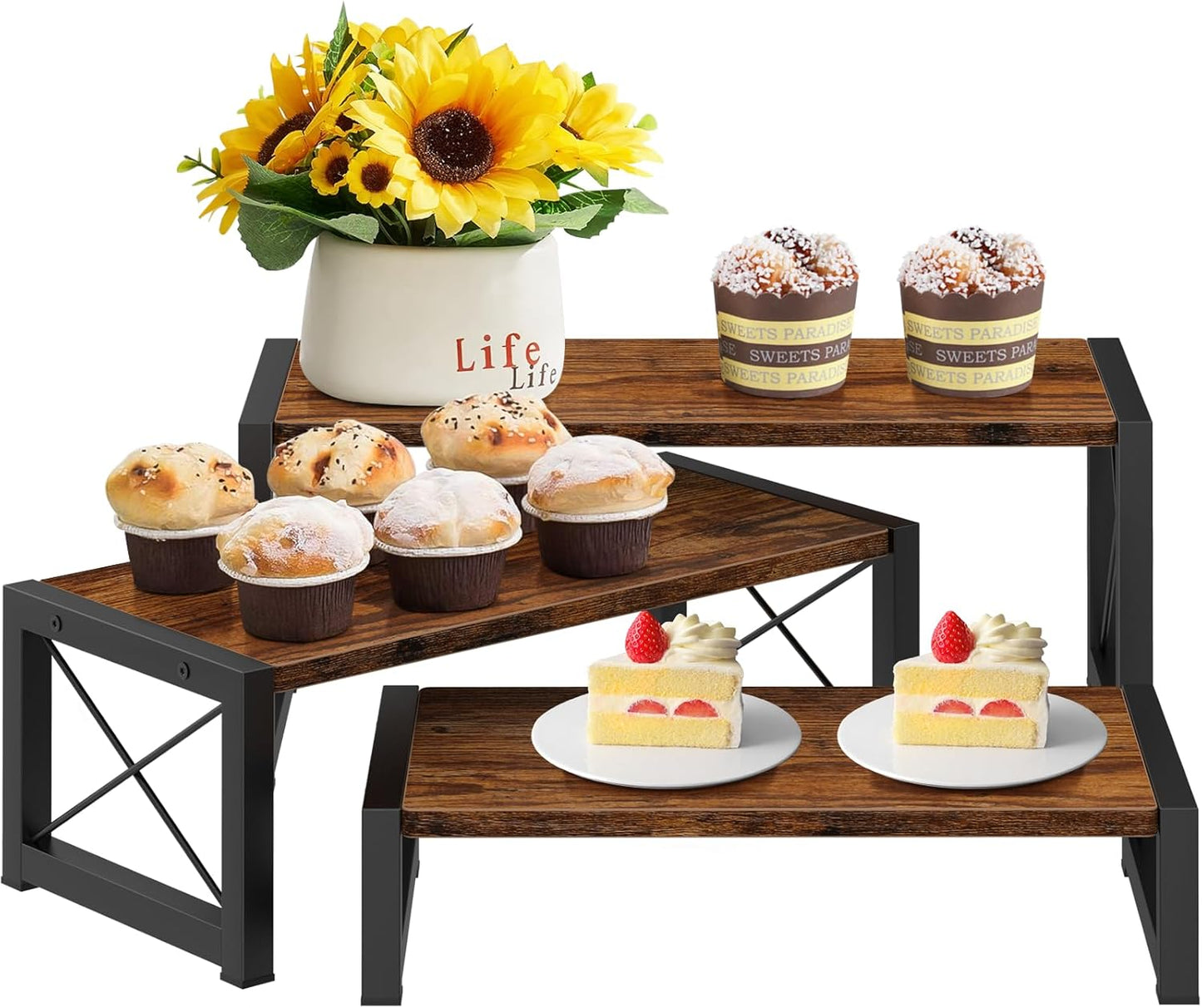 ELITEROO 3 Tier Cupcake Stand & Wood Display Risers, Dessert Stands for Cup Cake or Food, Riser Display Stand for Perfume Collectibles, Tiered Shelf Organizer for Market Retail Vendors, Rustic Brown