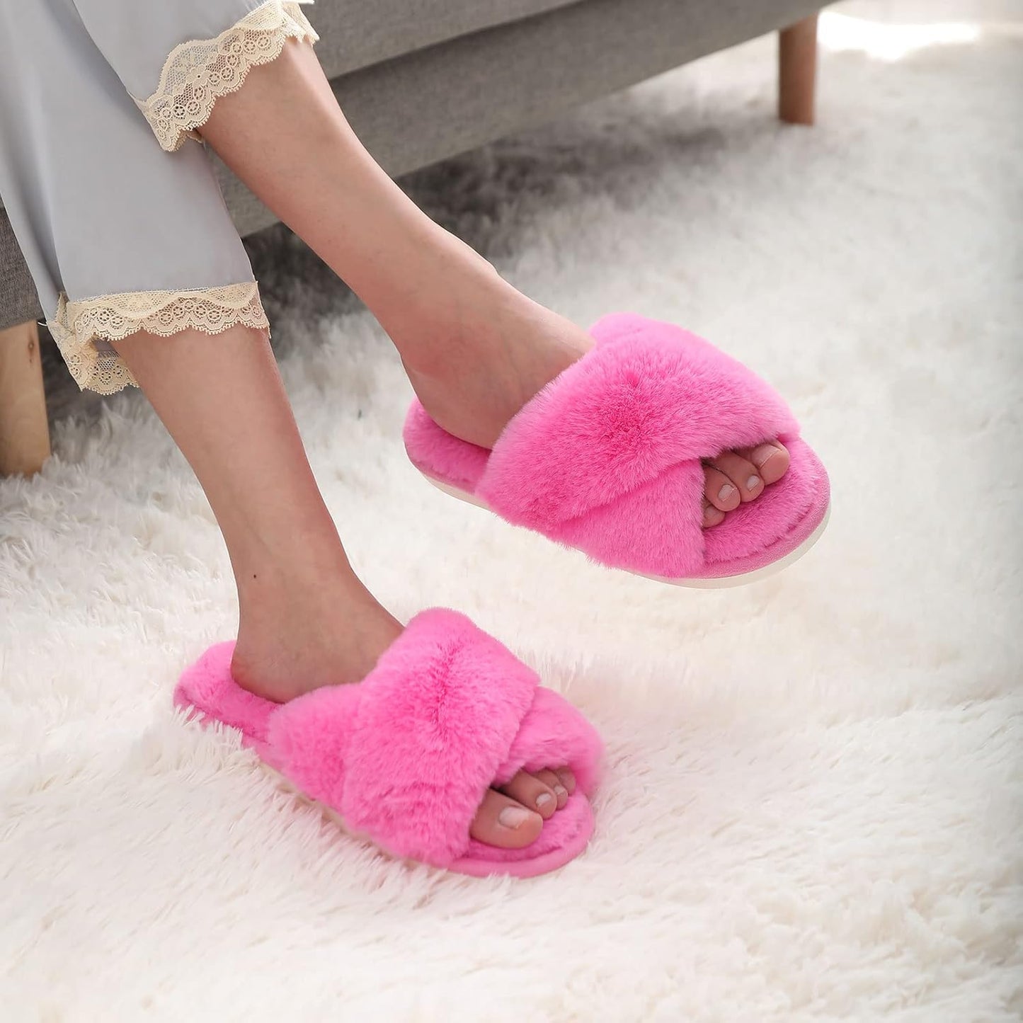 Evshine Women's Fuzzy Slippers Cross Band Memory Foam House Slippers Open Toe