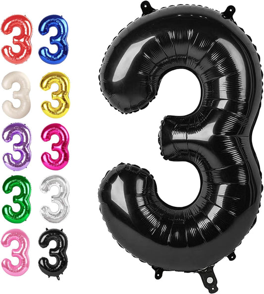 40 Inch Black 3 Large Number Balloon, 3 13 23 30 33 36 38 Black Birthday Party Decorations, Numbers Three Foil Balloons for Anniversary Graduations Celebration Supplies