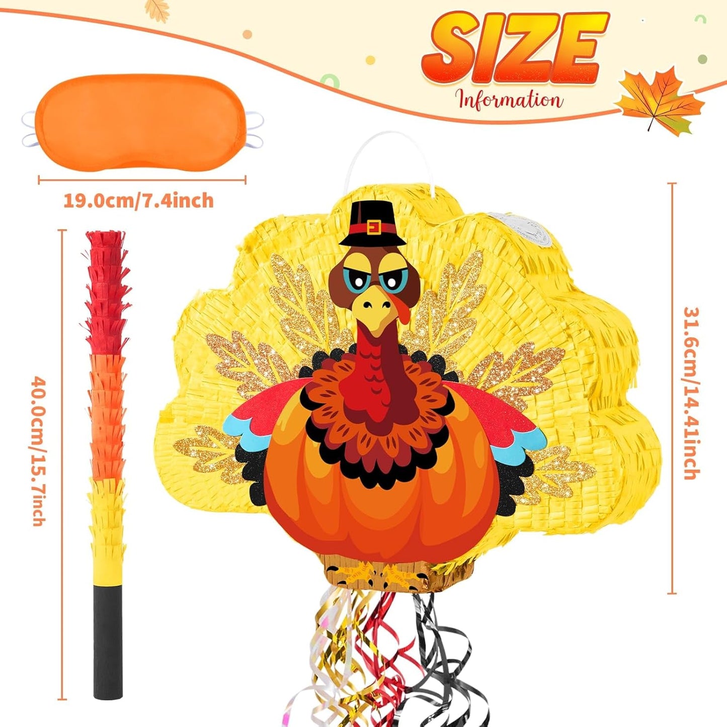 WERNNSAI Thanksgiving Turkey Pinata - Fall Autumn Decorations Gentle Turkey Pinata Orange Thanksgiving Party Games Autumn Decorations for Home Fall Festival Party Favors with Blindfold