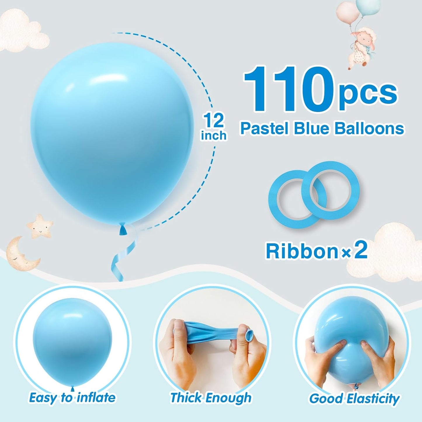 110pcs Pastel Blue Balloons 12 Inch Latex Light Blue Balloon Garland Arch Kit for Birthday Baby Shower Wedding Anniversary Graduation Party Decorations