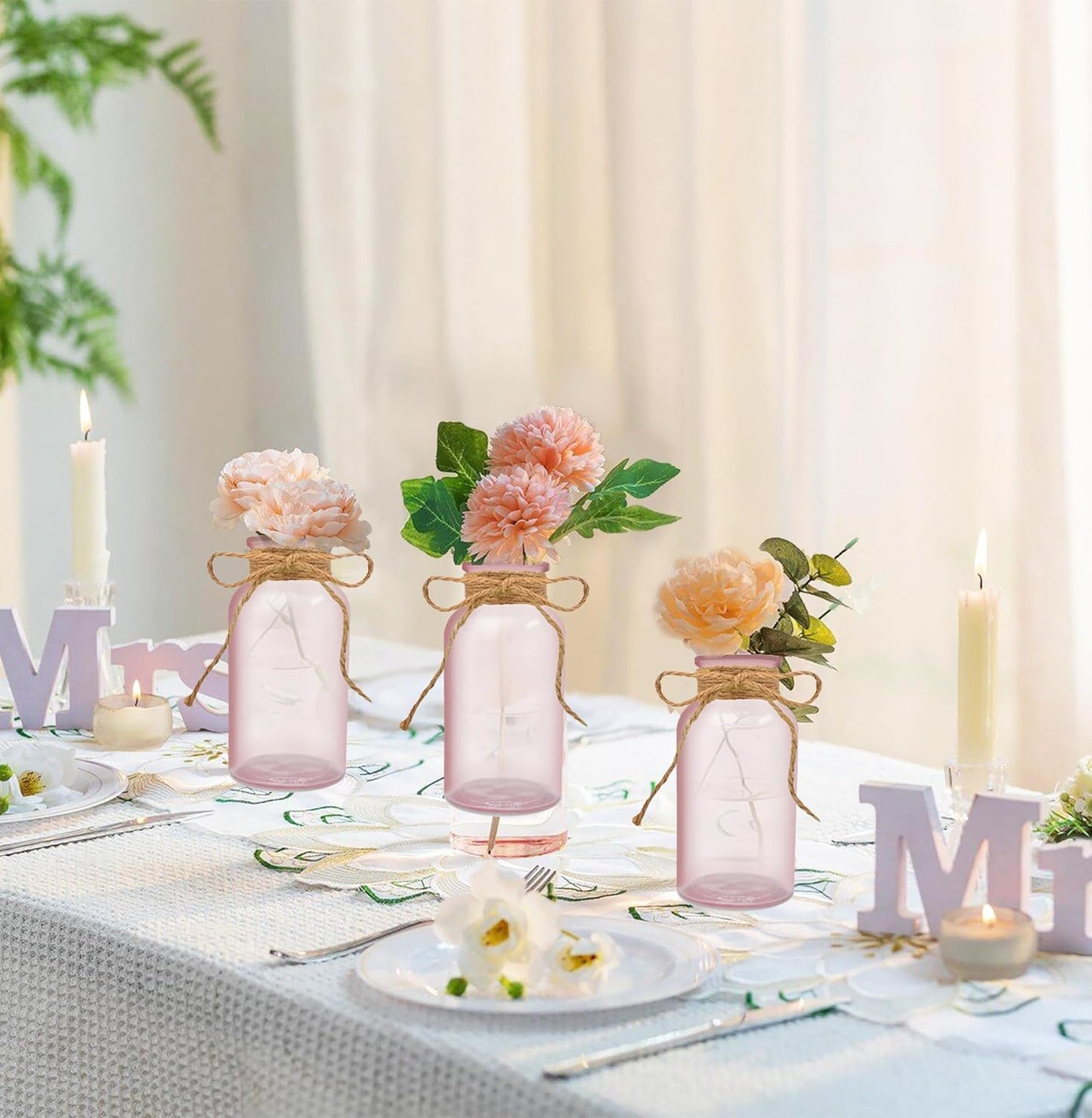 Vintage Glass Flower Vase，6 Pack Pink Farmhouse Glass Centerpiece Vases Mason Jars for Weddings, Parties & Home Decor Bulk (6, Pink)