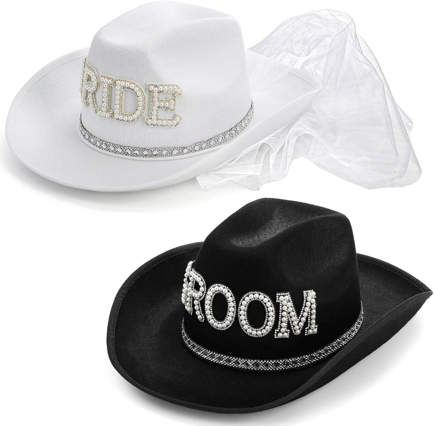 Frcctre 2 Pcs Bride Cowgirl Hat with Veil, Black Groom Cowboy Hat, Rhinestone Bride and Groom Cowboy Hats Wedding Bridal Shower Bachelorette Party Decoration Western Party Dress Up Accessories