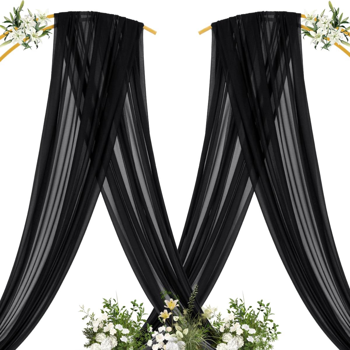 MLMC Black Wedding Arch Draping Fabric 4 Panels 29" x 20 FT Extra Long Gauze Drapes Sheer Backdrop Curtains 6.6 Yards Outdoor Drapery Panels for Wedding Ceremony Party Ceiling Decoration