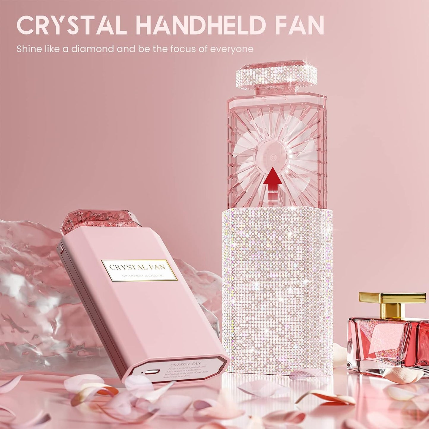 Bling Handheld Personal Fan, Rechargeable with 3 Speeds, Crystal Pull-out Portable Cooling Fan for Girls, Women - Pink Rhinestones