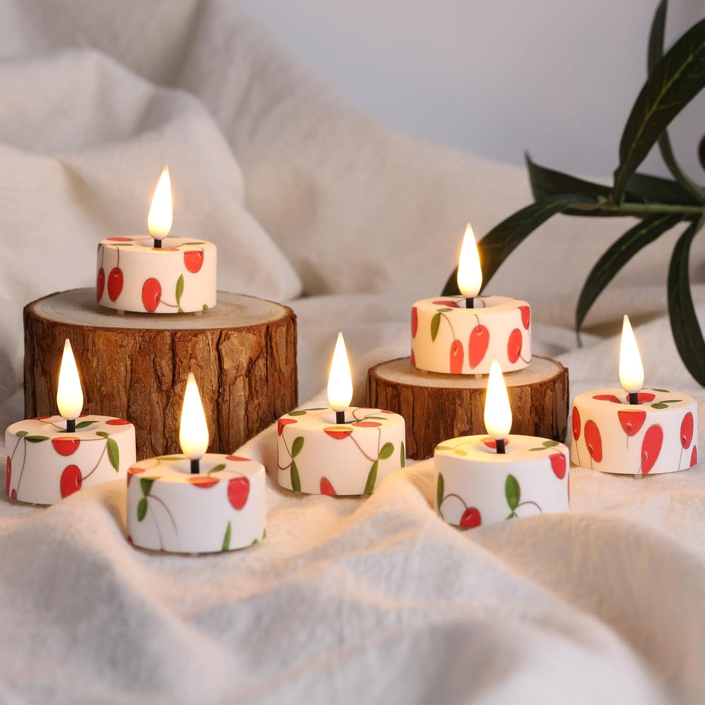 Eywamage Cherry Flameless Tealights with Remote Batteries, Flickering Plastic LED Tea Votive Candles Set of 12