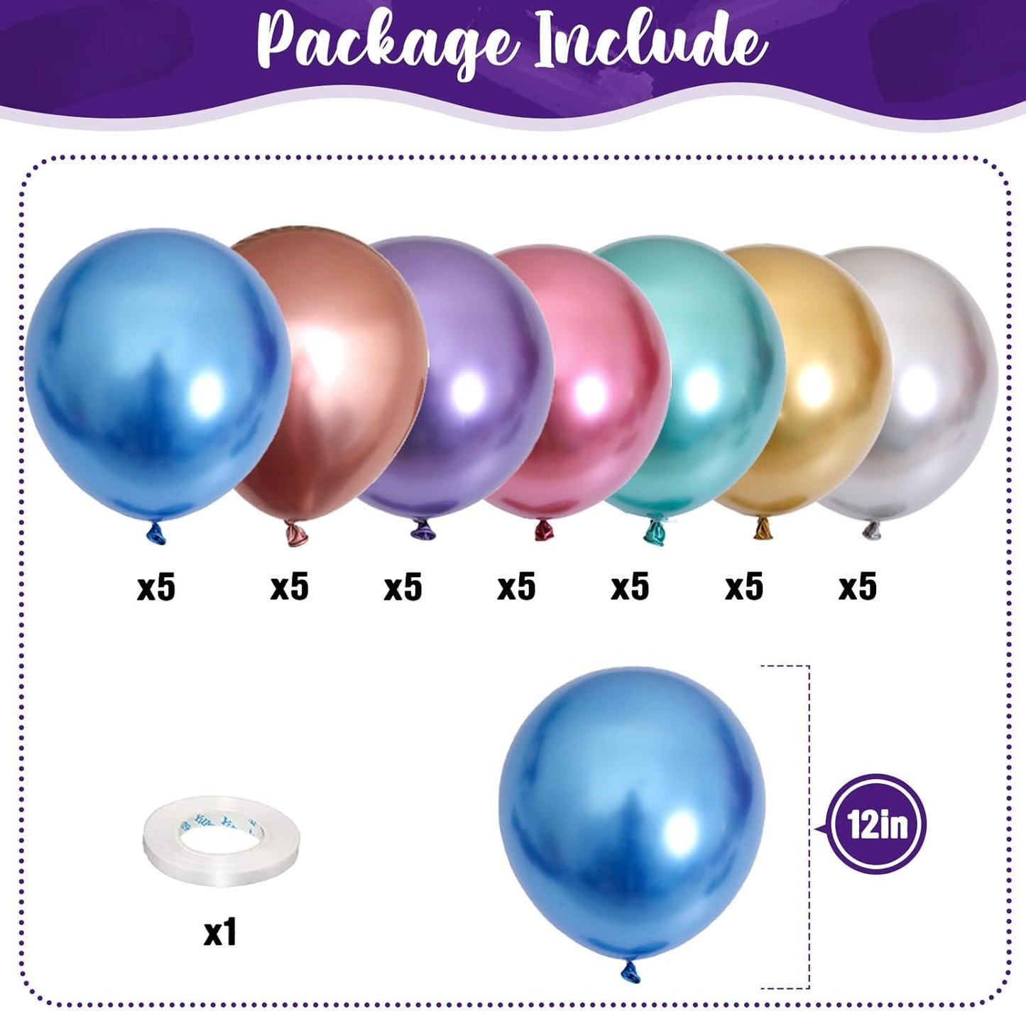 Metallic Balloons, 12 Inch Rainbow Chrome Balloons, 35Pcs Assorted Colors Multicolor Metallic Purple Red Green Blue Silver Rose Gold Latex Balloons for Kids Birthday Wedding Carnival Party Decorations