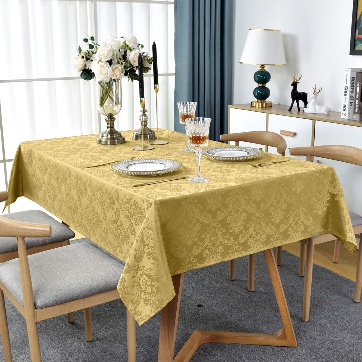 SASTYBALE Rectangle Jacquard Tablecloth - 60 x 120 Inch Spill Proof Wrinkle Resistant Damask Table Cloth, Soft Polyester Oblong Table Cover for Kitchen Parties Farmhouse, Gold
