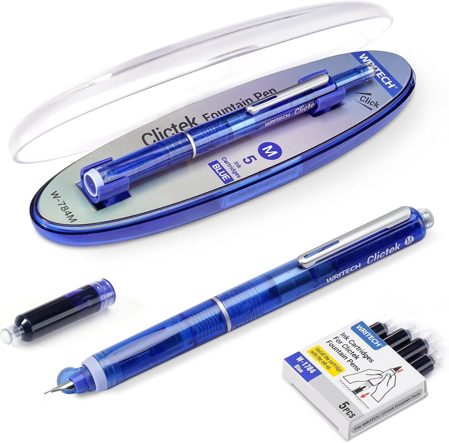 WRITECH Clictek Fountain Pen Retractable: Blue Ink Medium Nib Transparent Barrel, Gift Set Includes 5 Ink Cartridges for Smooth Writing No Leaking